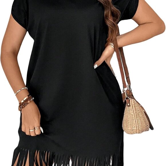 Plus Size Dress Women's Casual Fringe Hem Short Sleeve Round Neck Polyester - Picture 1 of 5